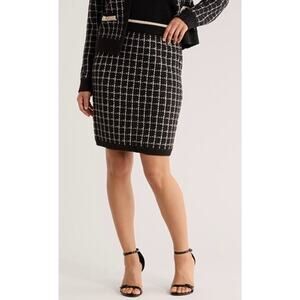New Ellen Tracy Skirt XL Black White Plaid Knit Stitch Pull On Straight Pencil